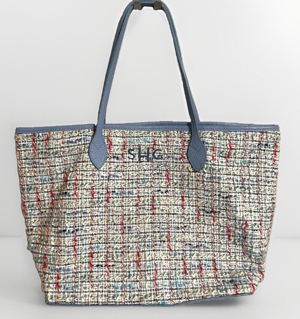 Mark & Graham Italian tweed Woven Tote Bag Multicolor Blue Leather Zip, Lined